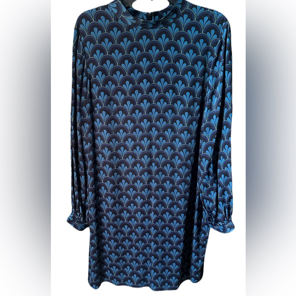 Boden Christobel Balloon Sleeve Shift Dress 14 Blue Scallop SILKY Satin